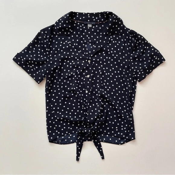 Tommy Hilfiger Navy Polka Dot Short-sleeve Front Tie Blouse Size XS - Picture 1 of 11